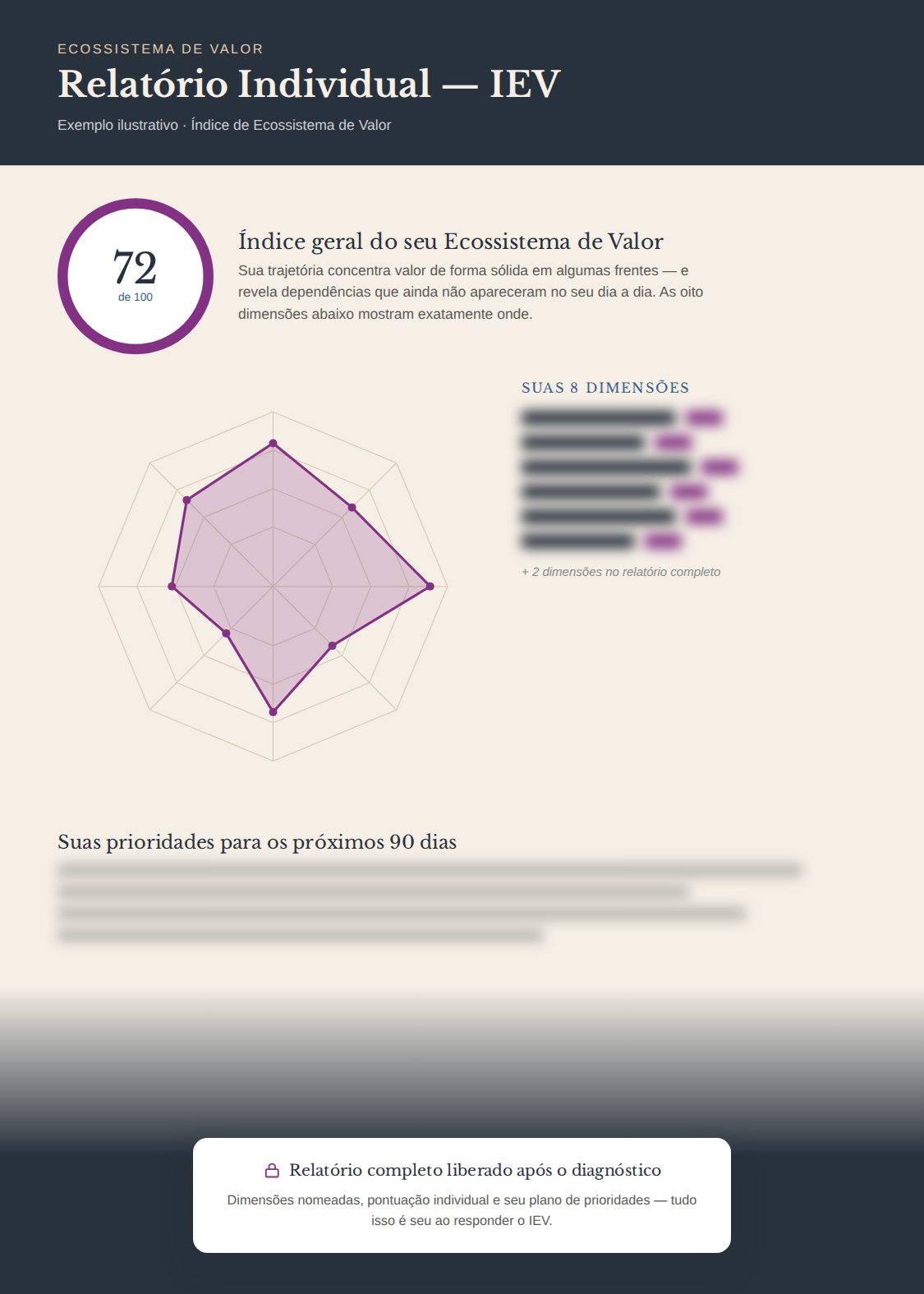 Exemplo ilustrativo do relatório individual do IEV, com índice geral, gráfico de oito dimensões e prioridades para 90 dias, parcialmente desfocado